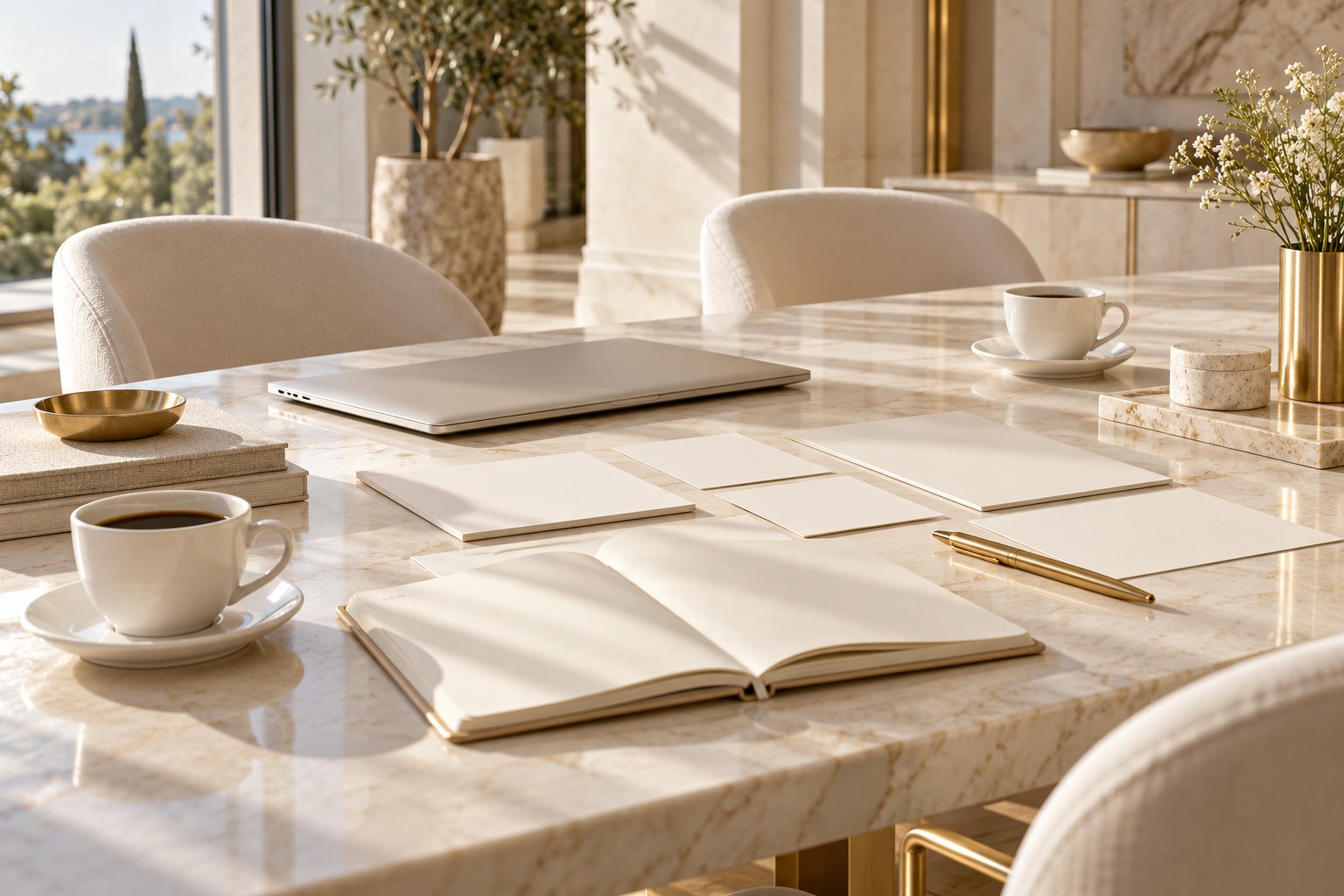 Sunlit strategy workspace with planning materials and warm brass details