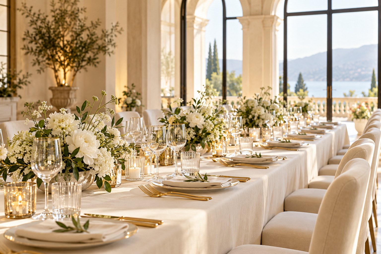 Intimate business gathering setting with ivory linens and gold accents