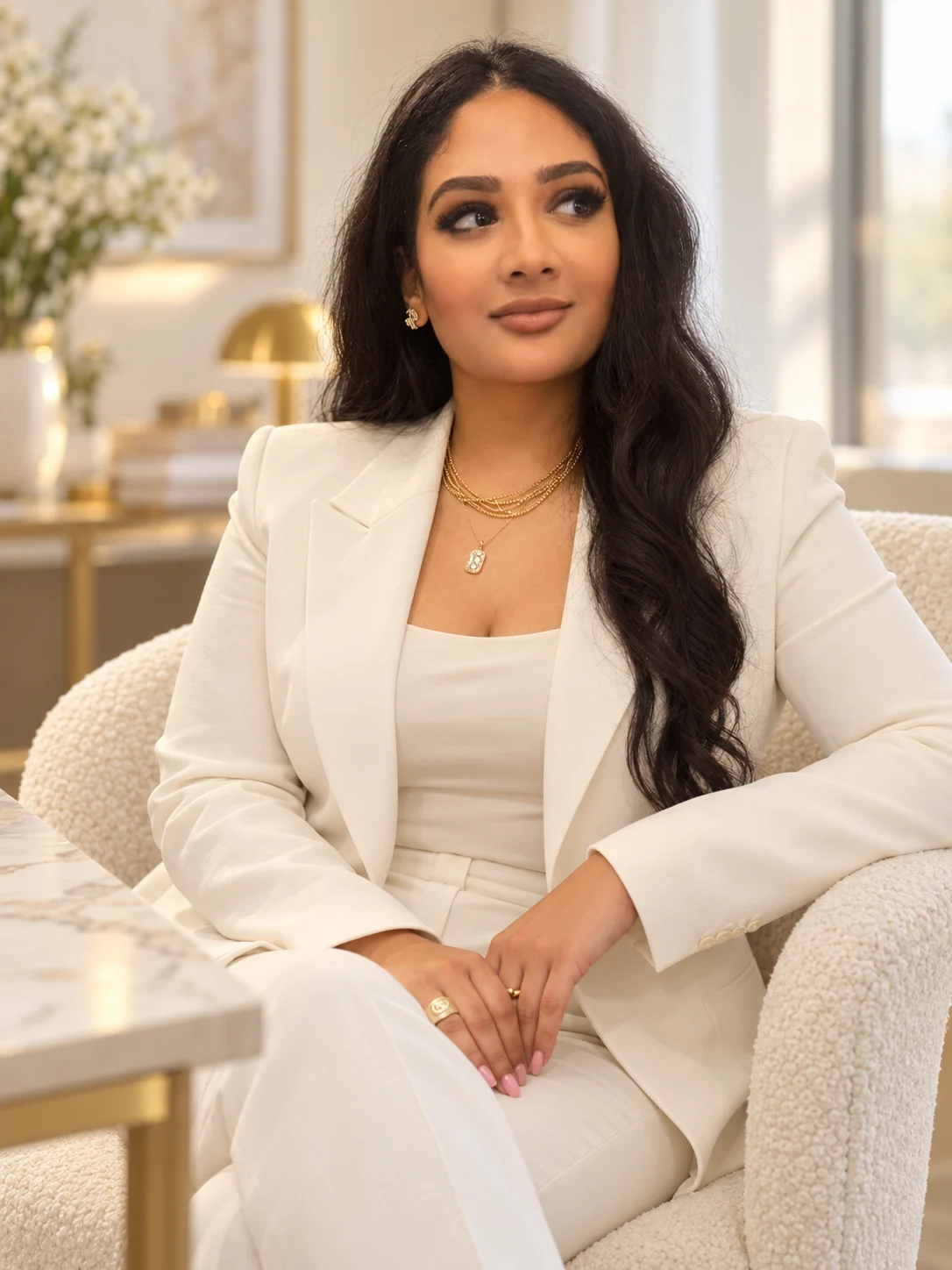 Kirtna Charavda in an ivory white suit