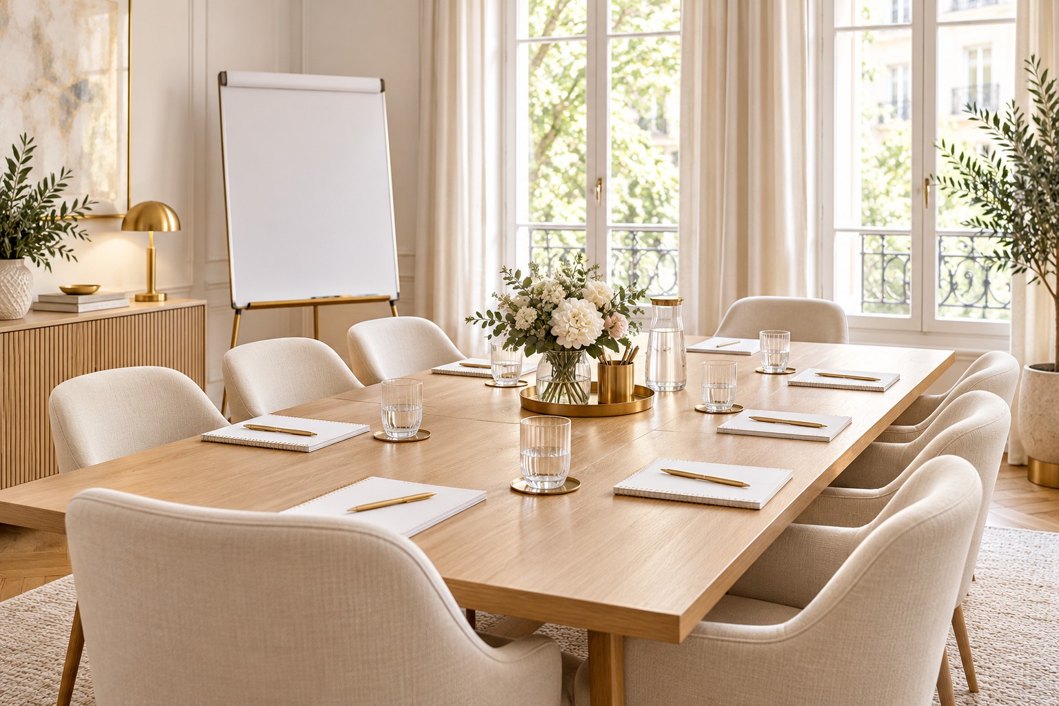 Bright workshop setting with notebooks, conference seating, and a flipchart
